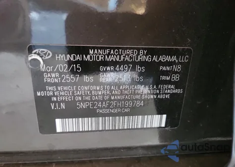 2015 Hyundai Sonata Se z USA, uszkodzony, nr VIN 5NPE24AF2FH199784